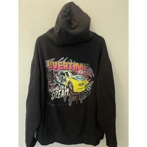 Overtime Hoodie Mens 2 XL Black Hooded Pullover Sweatshirt Racing Car Auto